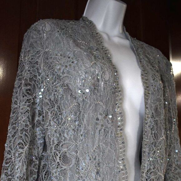 Karen Miller VTG Sequin Blazer L Light Blue Sheer Open Cardigan Glam Beaded - Picture 3 of 16